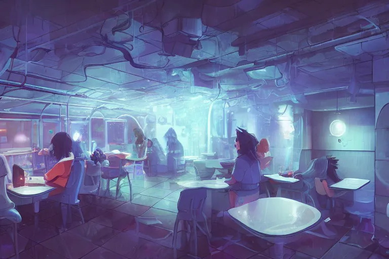 Prompt: a net cafe in the underground, with soft blue light, weirdcore, digital art, detailed, artstation hq