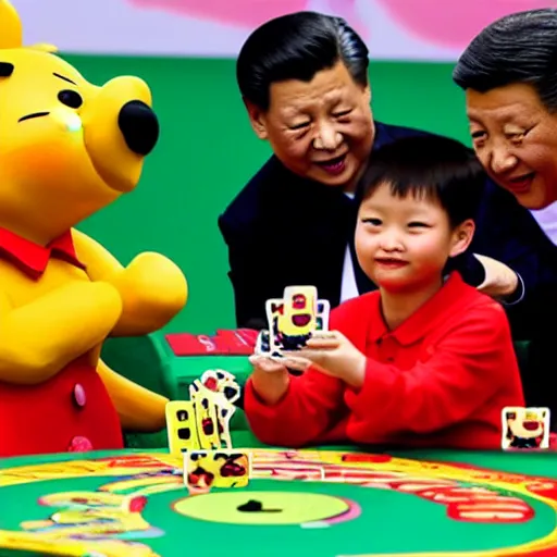 Image similar to Xi Jinping playing Uno game with Winnie the poo