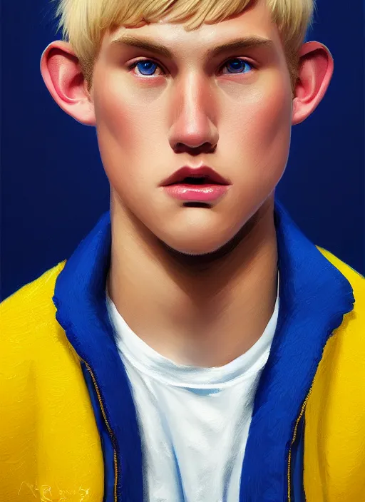 Image similar to portrait of high school senior boy named big moose, blonde short hair, jock, beefy, wide face, square jaw, square facial structure, blue varsity jacket with letter r, intricate, elegant, glowing lights, highly detailed, digital painting, artstation, concept art, sharp focus, illustration, art by wlop, mars ravelo and greg rutkowski