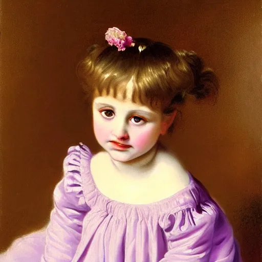 Image similar to portrait of a german toddler princess sitting down in a silk lavender gown, circa 1 8 3 7, by carl joseph begas, highly detailed, beautiful, oil on canvas, 1 8 3 0 s, romanticism