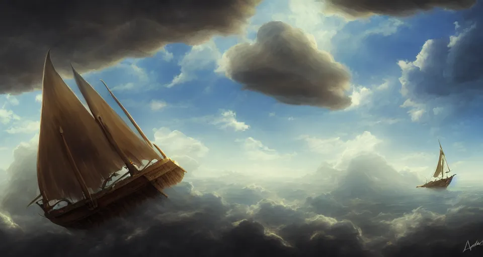 Prompt: a large wooden fantasy sky - ship with horizontal sails flying through the clouds with blue sky, andreas rocha style
