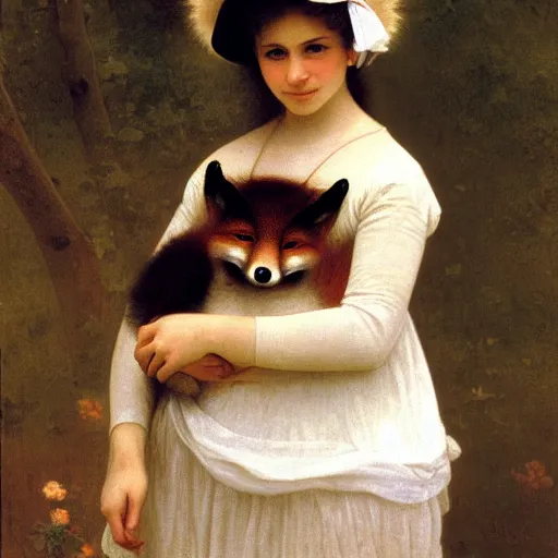 Image similar to An anthropomorphic fox woman wearing a white sunbonnet, portrait by Robert Cleminson and William-Adolphe Bouguereau