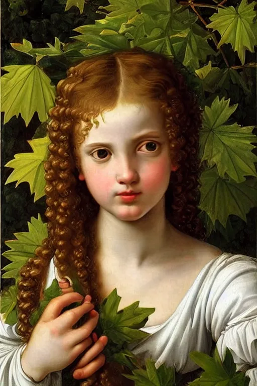 Image similar to renaissance painting of young girl in the garden, closeup, curly long hair, face closeup, emotions closeup, dressed in roman armour, the beautiful garden with maple leaves everywhere, ultra detailed, art by guido reni style, vincenzo catena style