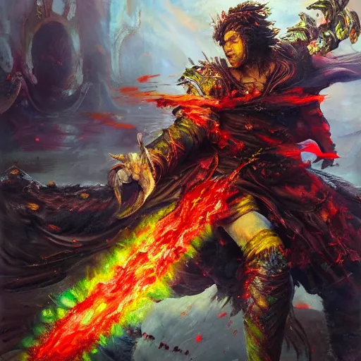 Image similar to A highly detailed oil painting concept art of a sorcerer casting an acid splash spell against a fighter wielding a greatsword, highly detailed concept art.