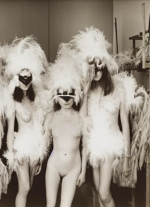 Prompt: realistic photo portrait of the sleeping university class, white carnival feather mask, wearing fluffy feather cotton swimsuits, standing in the spacious wooden polished and fancy expensive wooden laboratory interior room 1 9 9 0, life magazine reportage photo