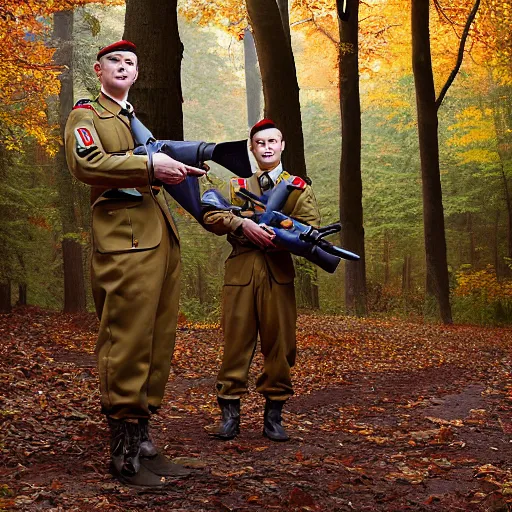 Image similar to portrait of soldiers armed with leaf blowers in a fall forest, by Steve McCurry and David Lazar, natural light, detailed face, CANON Eos C300, ƒ1.8, 35mm, 8K, medium-format print