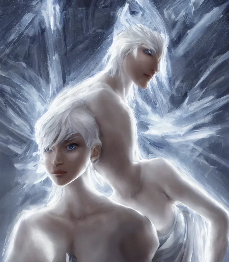 Image similar to perfect white - haired attractive egyptian goddess with large white dove wings, android body, beautiful, symmetric, dreamy, pretty face, blue eyes, detailed, scifi platform, laboratory, experiment, 4 k, ultra realistic, epic lighting, illuminated, cinematic, masterpiece, art by akihito tsukushi, voidstar