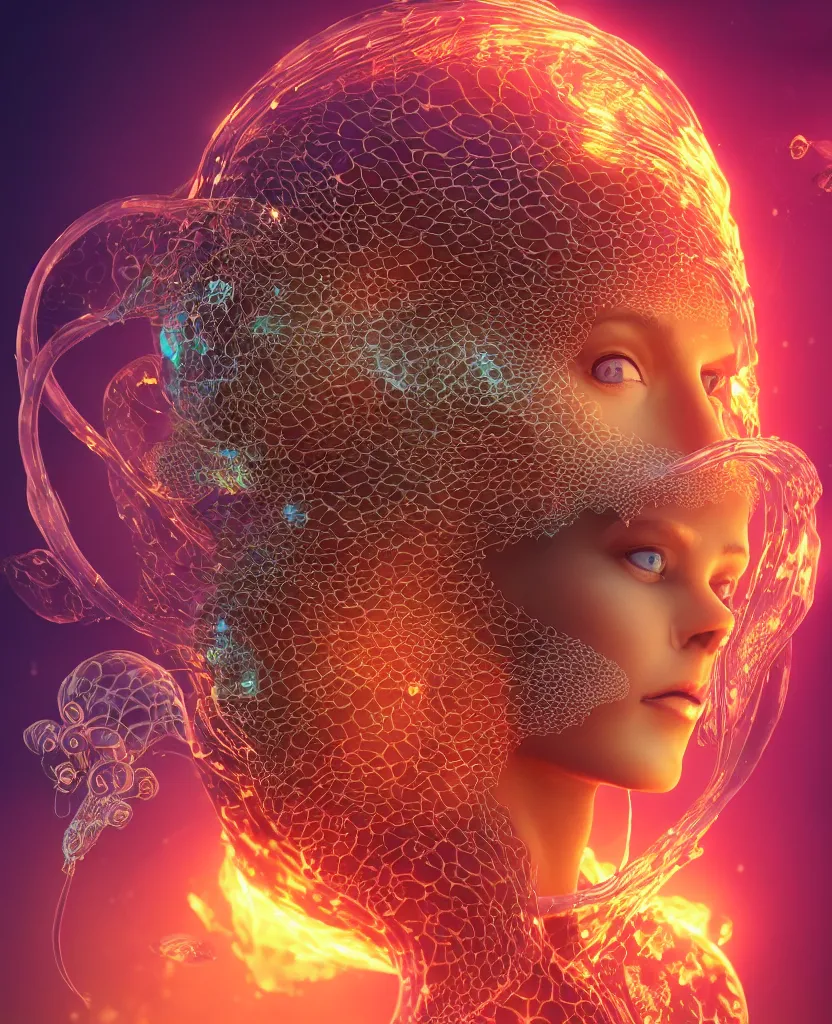 Image similar to close-up macro portrait of the face of a beautiful princess, epic angle and pose, symmetrical artwork, 3d with depth of field, blurred background, cybernetic jellyfish female face skull phoenix bird, translucent, nautilus, energy flows of water and fire. a highly detailed epic cinematic concept art CG render. made in Maya, Blender and Photoshop, octane render, excellent composition, cinematic dystopian brutalist atmosphere, dynamic dramatic cinematic lighting, aesthetic, very inspirational, arthouse. y Greg Rutkowski, Ilya Kuvshinov, WLOP, Stanley Artgerm Lau, Ruan Jia and Fenghua Zhong