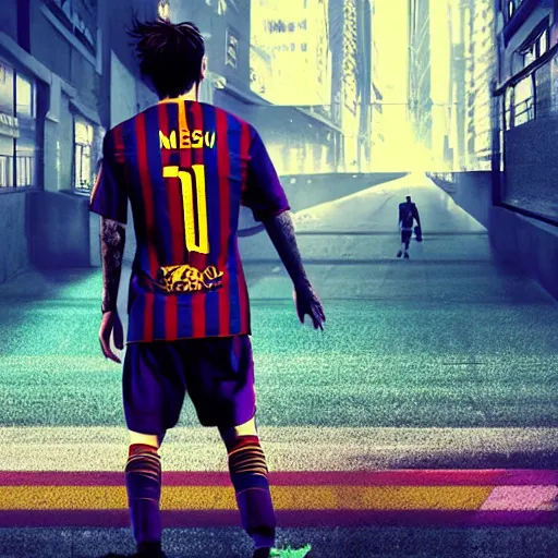 Image similar to messi playing soccer, cyberpunk aesthetic, 4 k, high - res, highly - detailed