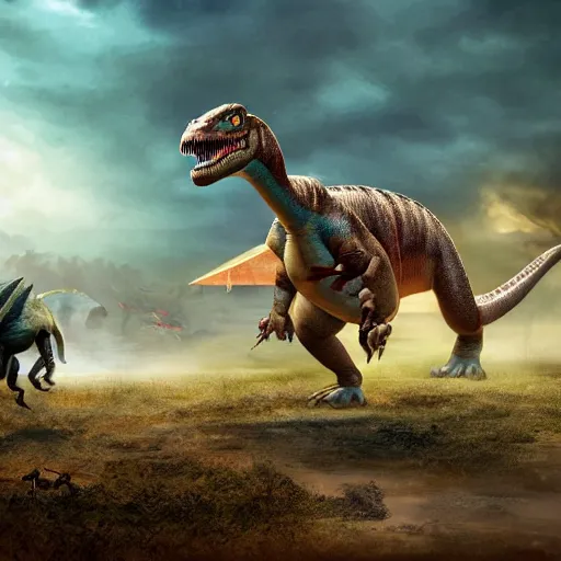 Image similar to dinosaur war, photo, hd,