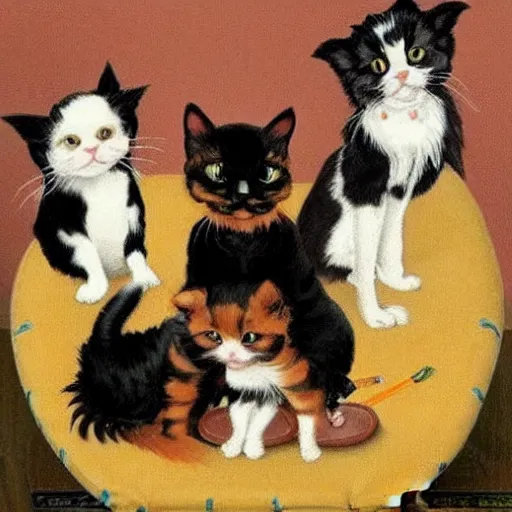 Image similar to one Cavalier King Charles Spaniel and two ragdoll kittens and one black cat drinking beer in the style of norman rockwell