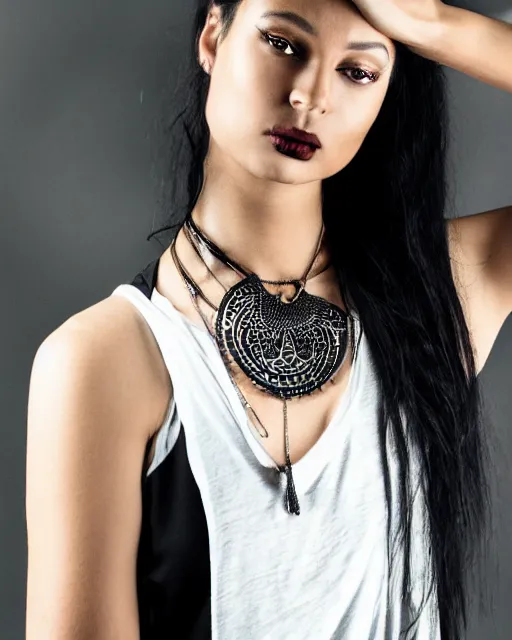 Image similar to a beautiful half body photo of a Young female with long disheveled black hair , paper white skin and reflective eyes, black tank top, black leather shiny jeans, an ankh necklace white colors in the background, 500px photos, top cinematic lighting , cinematic mood, very detailed, shot in canon 50mm f/1.2