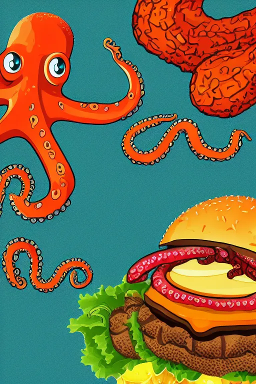 Image similar to illustration of a an octopus inside a cheeseburger, poster, highly detailed, 8 k, vintage, vectorized, trending on artstation