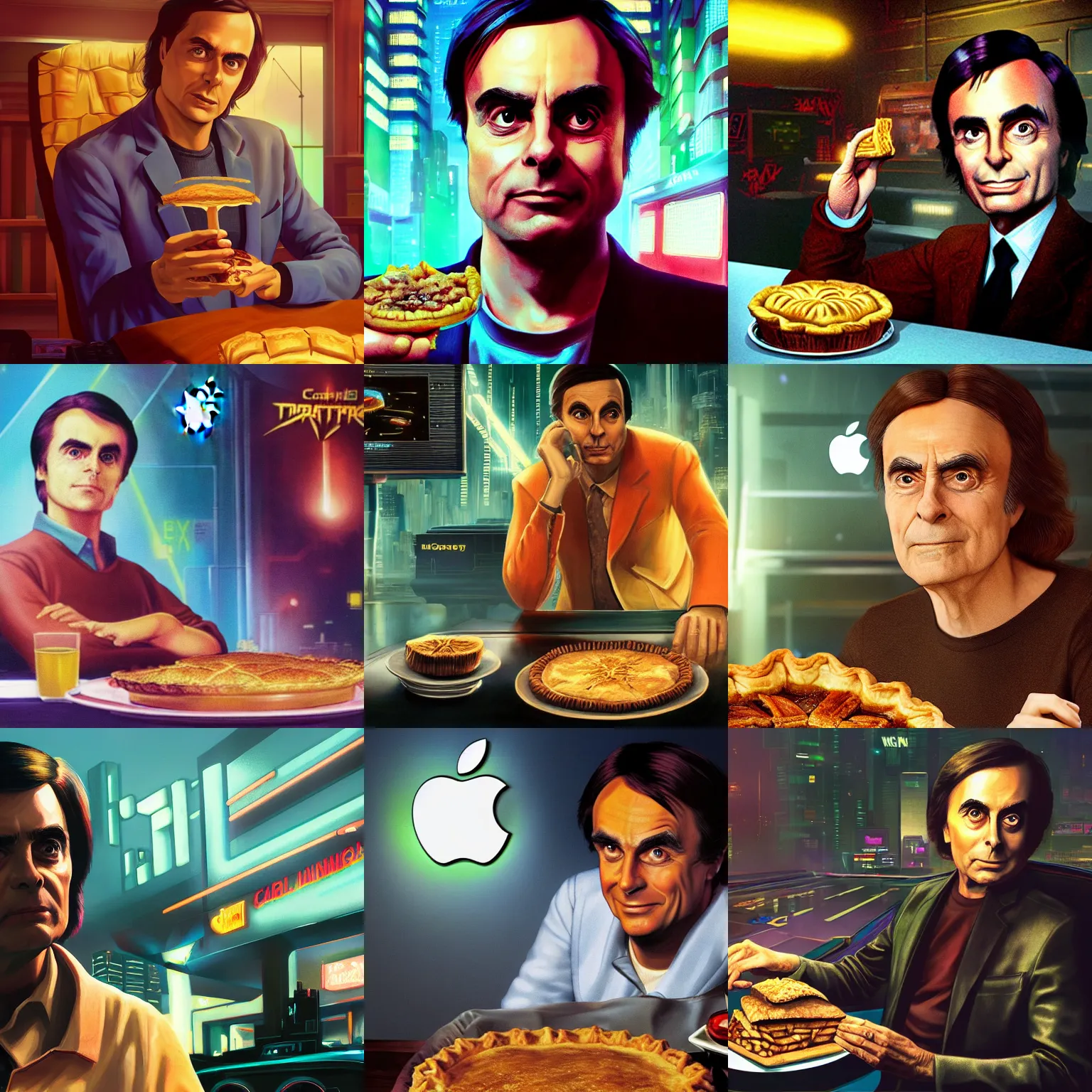 Prompt: carl sagan portrait with apple pie. cyberpunk 2 0 7 7. cp 2 0 7 7. 3 8 4 0 x 2 1 6 0