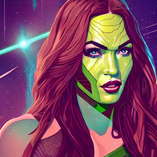 Image similar to Megan Fox as gamora (Guardians of the Galaxy) by Sandra Chevrier, beeple, Pi-Slices and Kidmograph, beautiful digital illustration