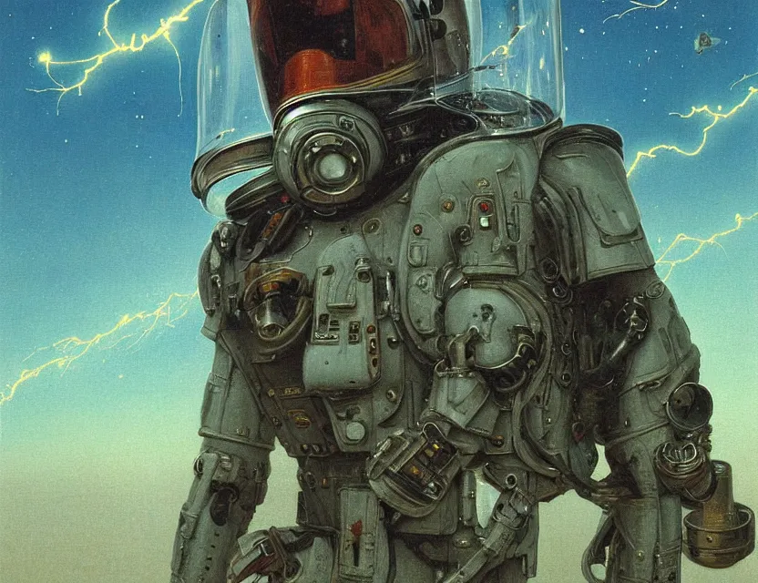 Image similar to a detailed portrait painting of a lone bounty hunter pilot wearing combat armour, gas mask and a reflective visor. Head and chest only. Movie scene, cinematic sci-fi scene. Flight suit, cloth and metal, accurate anatomy. portrait symmetrical and science fiction theme with lightning, aurora lighting. clouds and stars. Futurism by beksinski carl spitzweg moebius and tuomas korpi. baroque elements. baroque element. intricate artwork by caravaggio. Oil painting. Trending on artstation. 8k