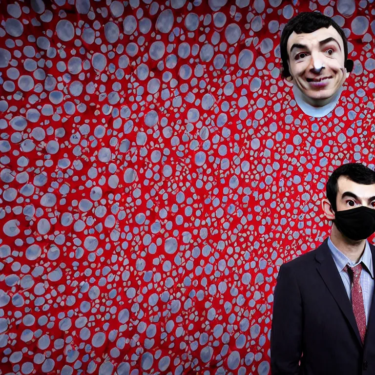 Image similar to focused dslr medium shot photograph of nathan fielder from nathan for you on comedy central wearing a paper mache mask of nathan fielder's face on a stage with a red curtain, meta, fractal, trippy, high detail!!! 8 k!!!!, photorealism!!!, sharp focus!!! coherent!!!