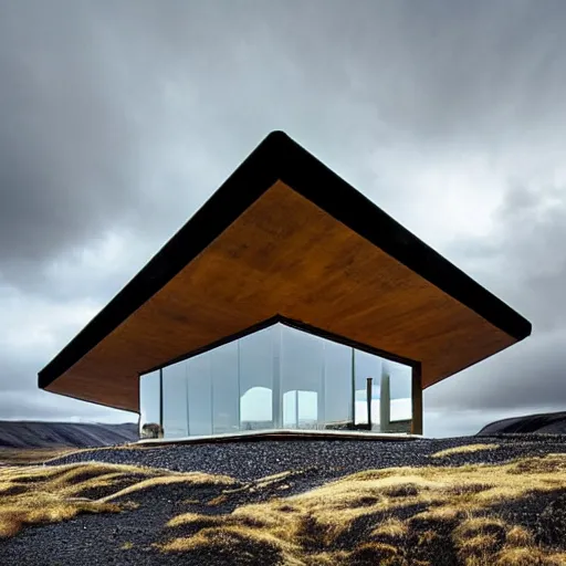 Image similar to futuristic architect house made from deconstucted wood and mirrors, iceland landscape photography, by lurie belegurschi and gunnar freyr