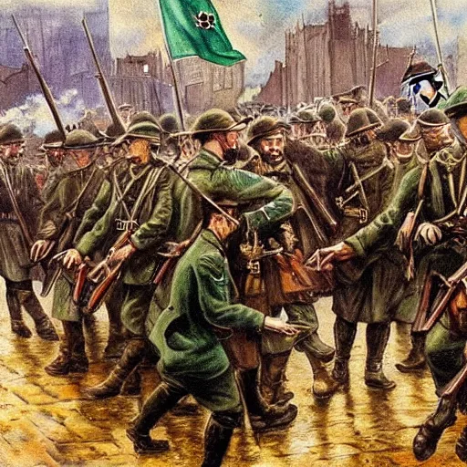 Image similar to beautiful painting of the Irish 1916 Easter rebellion, soldiers are fighting in the streets of Dublin