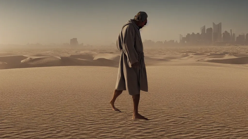Prompt: man wearing a gray robe wandering in the desert, sand blowing around everywhere, city in the background, incredibly detailed, realistic epic cinematic shot