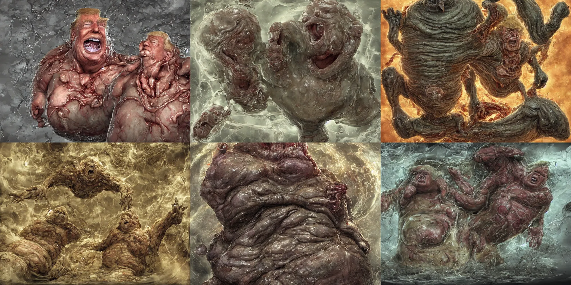 Prompt: realistic 3 d render,!!!!! donald trump!!!!!!!!! baron harkonnen!!!! hybrid hovering dripping goo inside! house harkonnen!,! monster anatomy!, in the style of dom qwek and john howe, anatomical, detailed, cinematic atmosphere