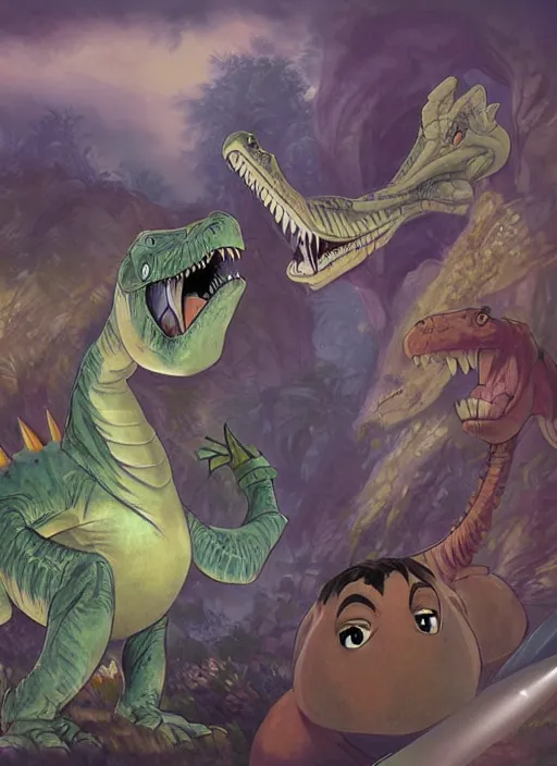 Image similar to official digital painting artwork of dinosaur character by don bluth, ross tran and studio ghibli.