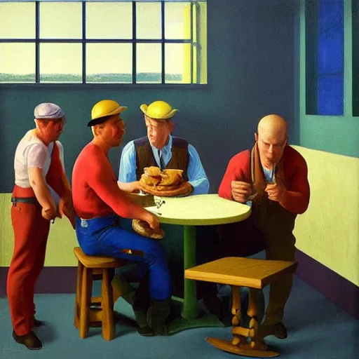 Image similar to a foreman calls his crew for lunch by Raphael, Hopper, and Rene Magritte. detailed, romantic, enchanting, trending on artstation.