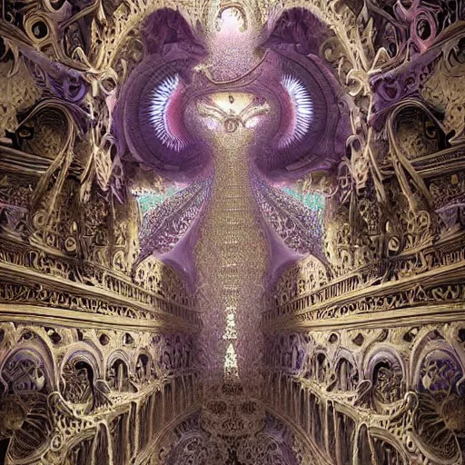 Image similar to beautiful hyperrealistic 3 d render of a delicate ivory sculpture of an ornate detailed cathedral populated by mandelbrot fractals by android jones, micro detail, unreal engine, dramatic lighting, psychedelic, octane renderer, catholicpunk, glowing, white color scheme, photorealistic, physically based rendering, angelic, hyper detailed, colorful, carved soap, trending on cgsociety