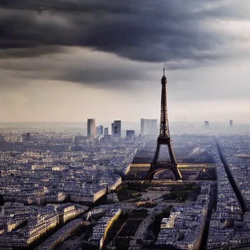 Image similar to paris city during apocalypse, volumetric light, scenic view, profound dark scary