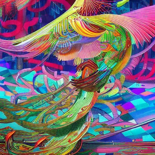 Prompt: A beautiful kinetic sculpture of a large, colorful bird with a long, sweeping tail. The bird is surrounded by swirling lines and geometric shapes in a variety of colors CryEngine by Fang Lijun, by Klaus Wittmann tranquil