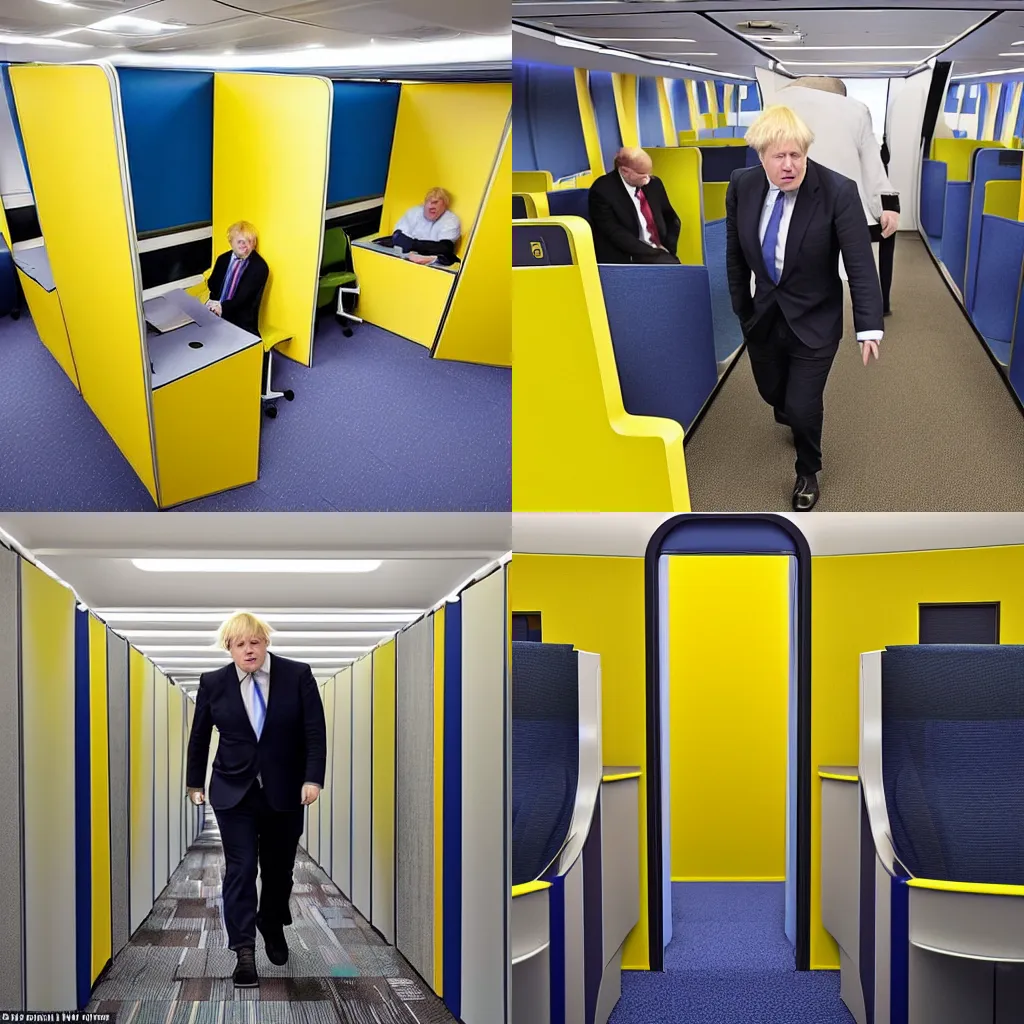 Prompt: boris johnson stuck in an endless set of office cubicle styled rooms set in a plane slightly agitated from normal reality, yellow walls and carpet