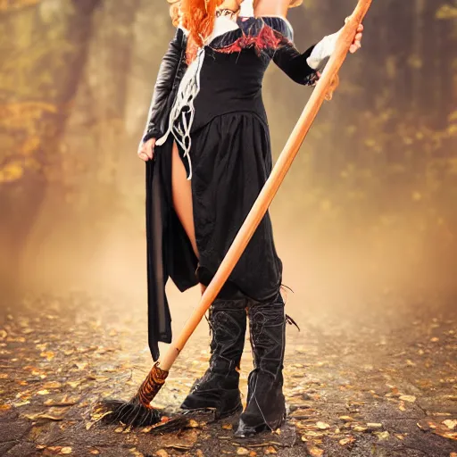 Image similar to young woman witch with magic wand and broom cosplay, she wears boots, full body, beautiful face, photo taken by nikon, 4k, high quality, very detailed, intricant