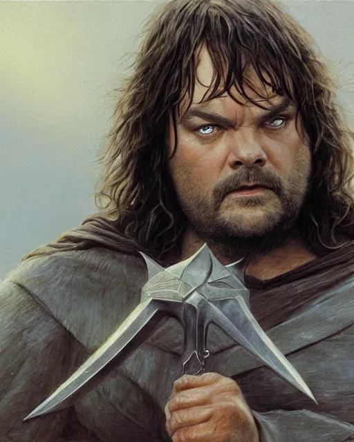 Image similar to jack black as Aragorn by Alan Lee, sunset, concept art, detailed clothing, art station, matte painting