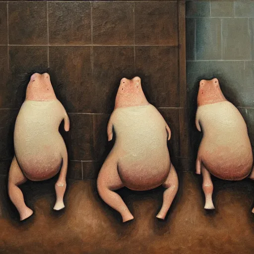 Prompt: Three Hippos wearing towels sitting in a sauna, oil painting