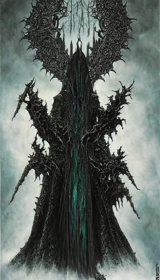 Image similar to Lord of the Rings themed painting of symmetrical torso black and emerald Ringwraith Nazgul armor with extended evil armored hands concept, intricate artwork by H.R. Giger, Johnatan Wayshak, Zdizslaw Beksinski, Ayami Kojima, Amano, Karol Bak, Moebius, and Mark Brooks, Neo-Gothic, gothic, rich deep colors, art by Takato Yamamoto, masterpiece, face by Artgerm, very coherent artwork, cinematic, hyper realism, high detail, octane render, unreal engine, 8k, High contrast, golden ratio, trending on cgsociety