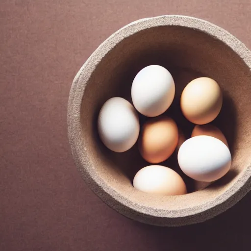 Prompt: a brown egg climbing out of a full carton of eggs, ultrarealistic