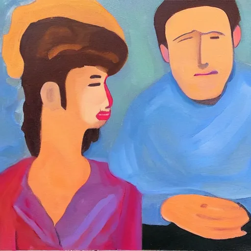 Image similar to a painting of a man and a woman sitting next to each other