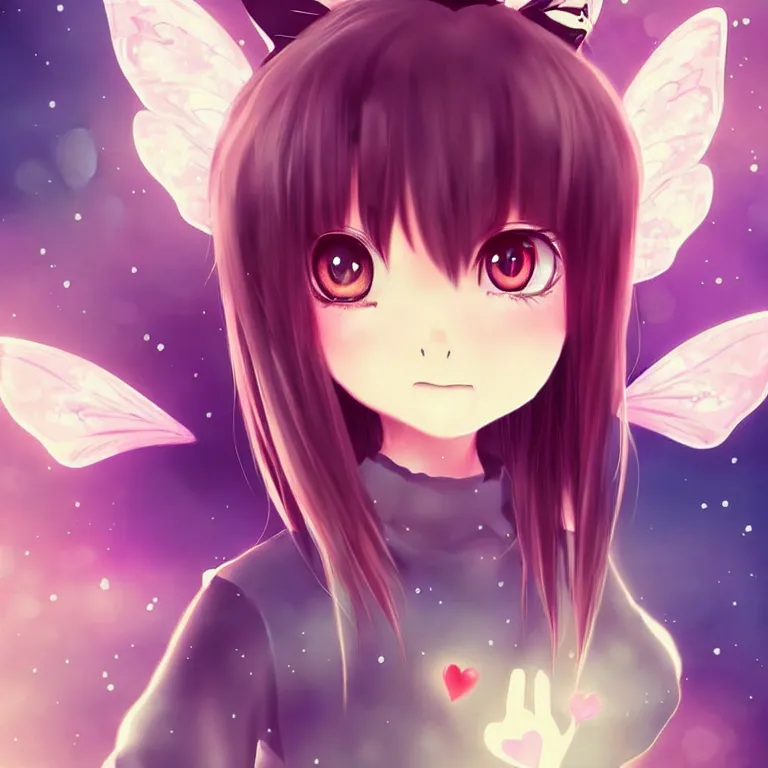 Image similar to cute, full body, female, anime style, a cat girl with fairy wings, large eyes, beautiful lighting, sharp focus, simple background, creative, heart effects, filters applied, illustration