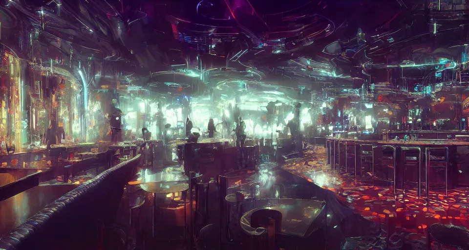 Prompt: futuristic bar interior, intricate, elegant, vivid colors, highly detailed, john park, craig mullins, sparth, ruan jia, jeffrey catherine jones