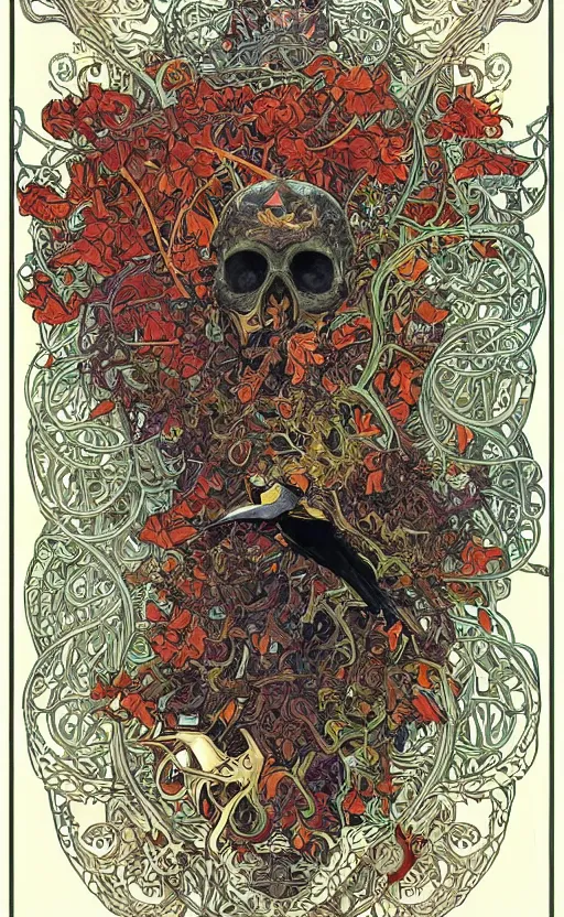 Image similar to intricate skull of a crow, background are varities of superhot chili peppers, bhut jolokia, carolina reaper, trinidad scorpion, voronoi, fibonacci sequence, leaves, by Moebius, Alphonse Mucha, peter mohrbacher, hiroshi yoshida, Art Nouveau, skate art, cgsociety, complementary colour scheme, psychedelic, complementary colour scheme, 3d