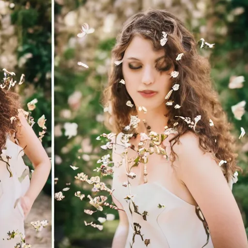 Image similar to a portrait of a woman with curly long hair and birds all around her, there's flowers everywhere, very beautiful ambient light with sun rays hitting her hair, 8k photography, wedding photography