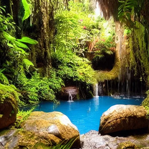 Image similar to beautiful lush magical enchanted serene cozy watery grotto