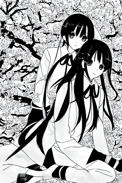 Image similar to black and white manga page, highly detailed pen, shoujo romance, two girls, first girl with long dark hair in sailor uniform, second girl with short light hair in pant suit, sitting on bench, cherry blossom tree in background with petals floating, drawn by Atsushi Ohkubo