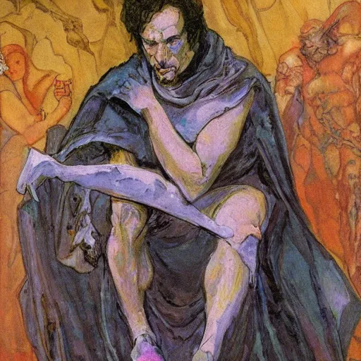 Prompt: comics sandmanin a cloak by Neil Gaiman, in style The Demon Seated, by Mikhail Vrubel, oil painting, art gallery, art museum, small details, whole-length