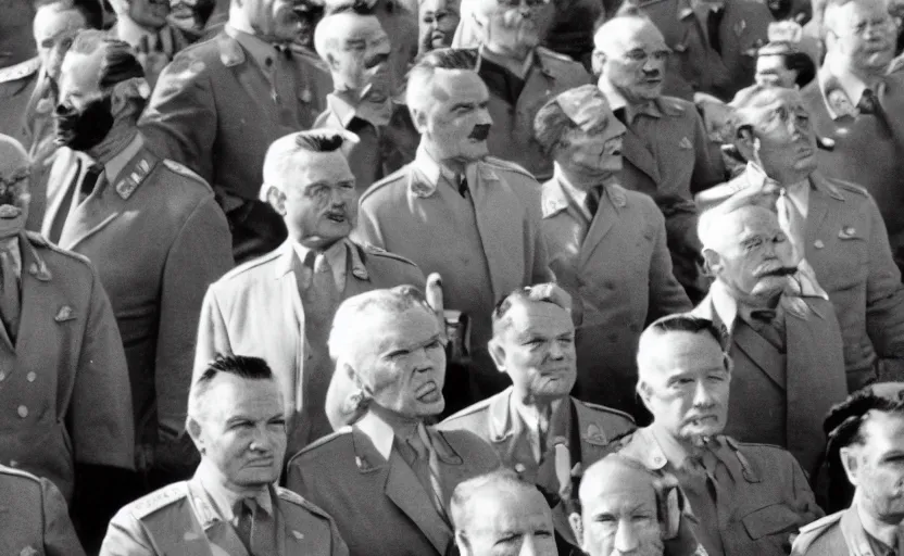 Image similar to 50s movie still of very diverse soviet generals with very detailed faces, by Alexei Guerman , Cinestill 800t 35mm black and white, heavy grainy picture, very detailed, high quality, 4k, HD criterion, precise texture