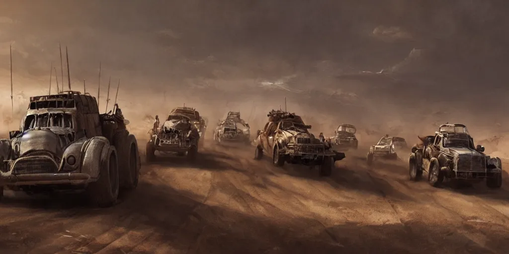 Prompt: an environmental concept art from mad max fury road, cars speeding through the desert, highly detailed, cinematic, dramatic lighting by francis tneh