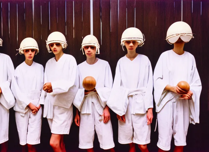 Prompt: realistic documentary photo of a a group of students wearing white feather shorts, wearing wooden spherical helmets made of wood, wearing white cotton robes, standing in a spacious wood 1 9 9 0, life magazine reportage photo, neutral colors, neutral lighting