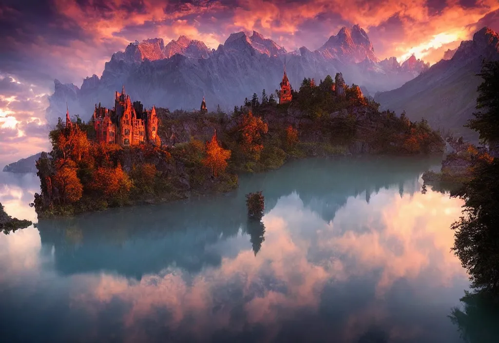 Image similar to amazing photo of a fairy castle with a lake in sunset by marc adamus, beautiful dramatic lighting