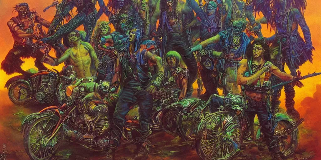 Image similar to psychedelic post apocalyptic orc biker gang, sharp focus, psychedelic colors, michael whelan, boris vallejo