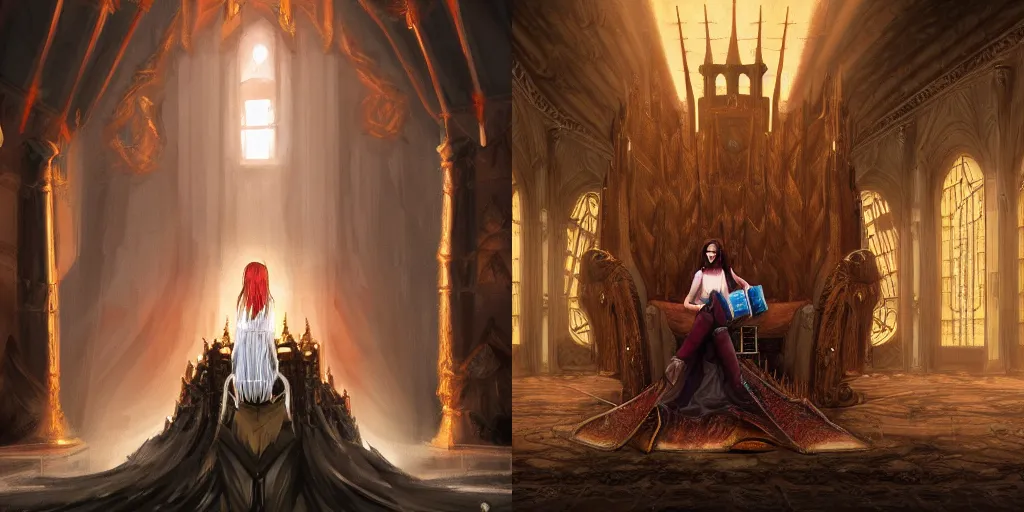 Prompt: painting of a fantasy huge throne room with a teenage girl with brown hair wearing ragged modern shirt and jeans pants sitting in a tall spikey throne in a huge castle room, lightshafts and foggy atmosphere, digital art, trending on Artstation